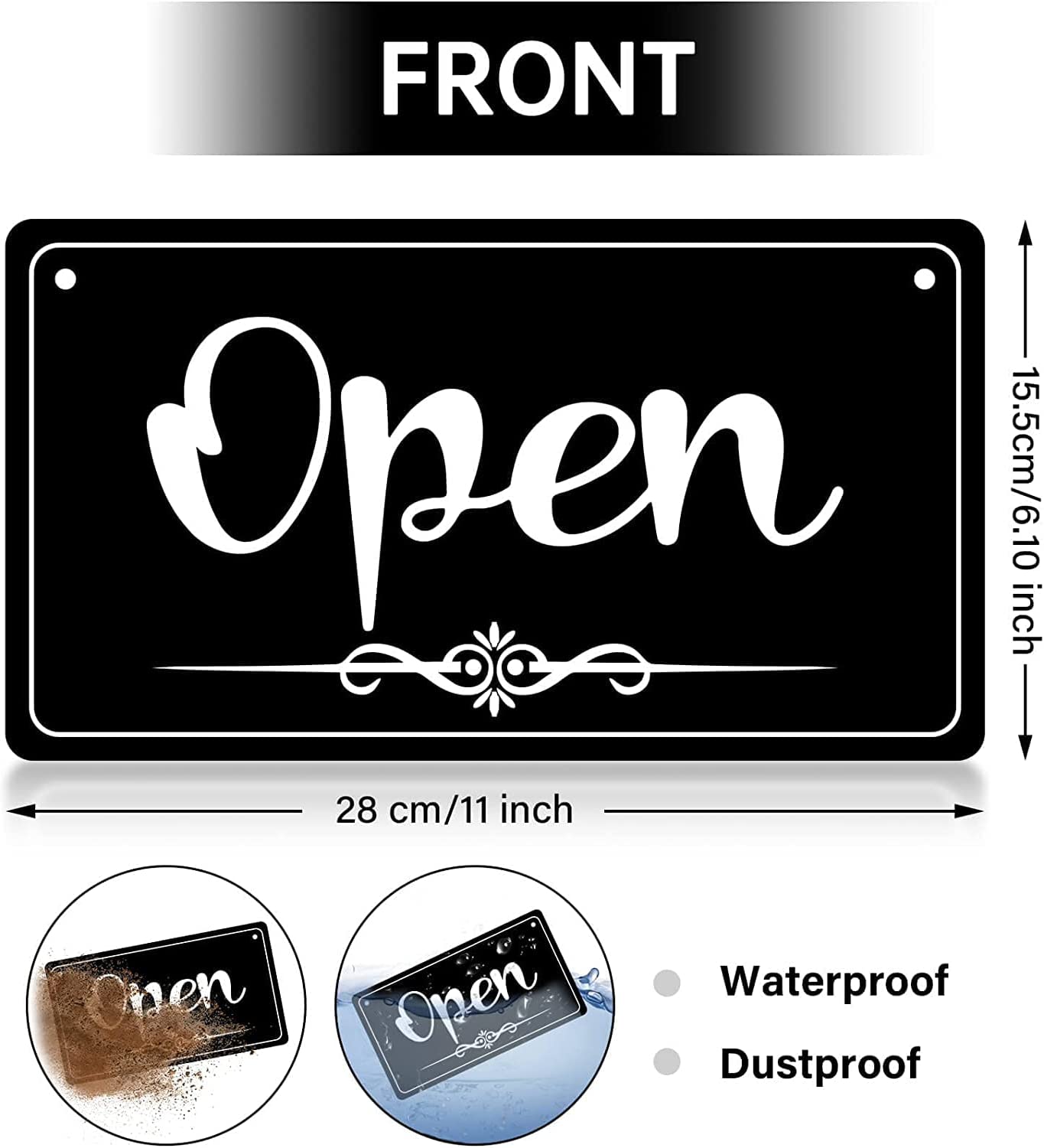 A hanging sign for store entrances, printed on a black background, two sides open and closed, on HDF wood