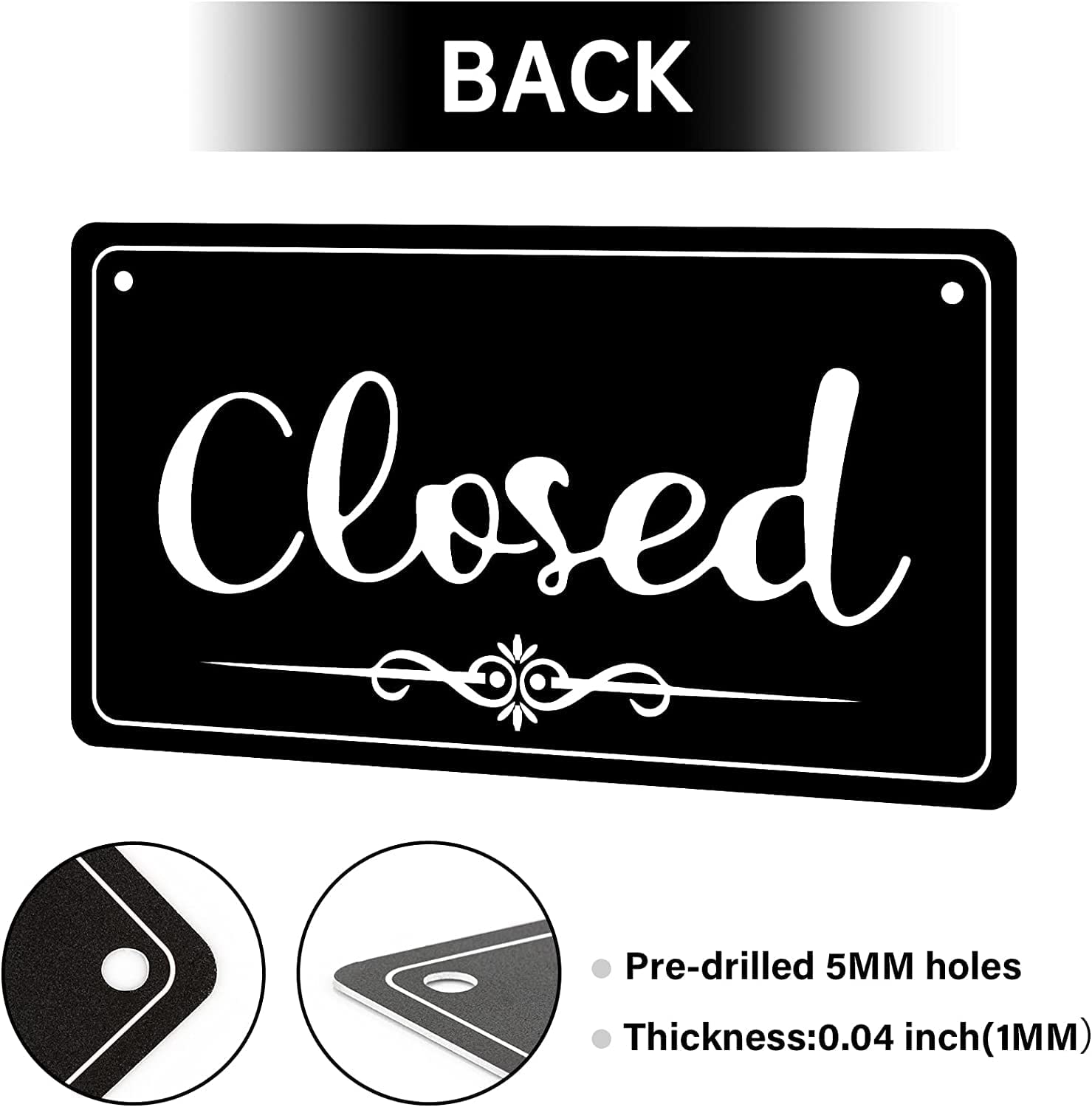 A hanging sign for store entrances, printed on a black background, two sides open and closed, on HDF wood