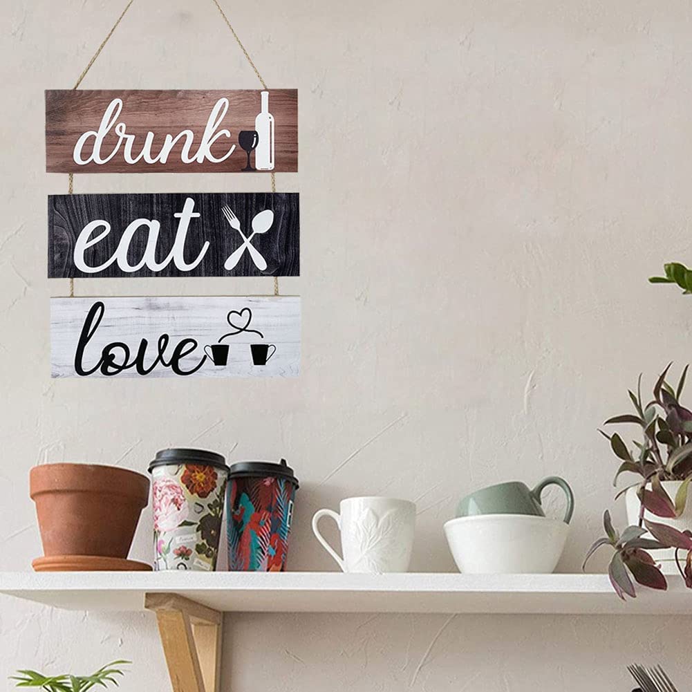 An encouraging and cheerful hanging wooden sign consisting of 3 pieces (Drink + Eat + Love)