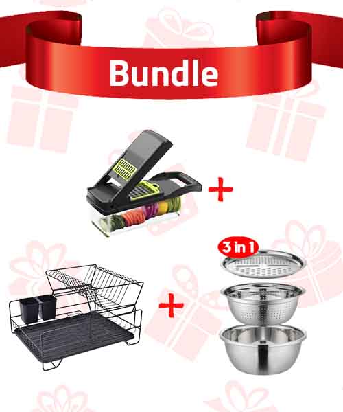 Bundle of 3 Pieces Dish Rack and Organizer 2 Tier  26×43 ×33 cm  Black And Stainless Steel Grater With Mixing Bowl And Strainer Multi-Purpose 3 Pieces Silver And Manual Vegetable Grater And Slicer With Interchangeable Blades 14 Pieces - Grey Green