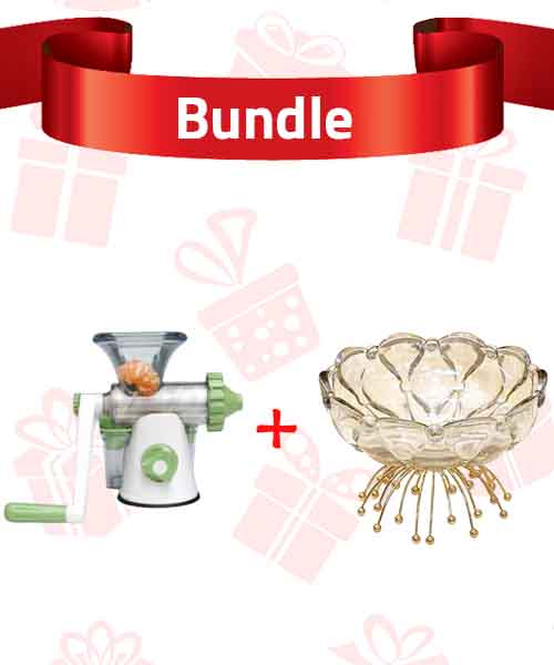 Bundle of 2 Pieces Crystal fruit plate with stand transparent gold And Multifunctional Manual Fruit Juicer  White Green