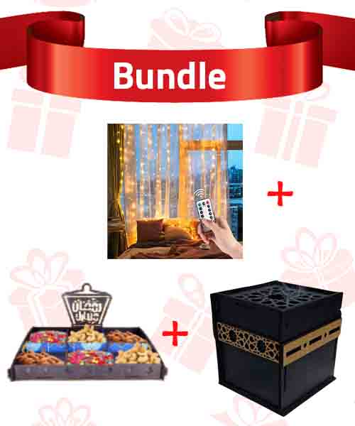 Bundle of 3 Pieces Illuminated curtain  with remote control 8 lighting modes 3 x 3 meters And Wood  snack plate with Ramadan print 6 Places multi color And Kaaba Censer Burner Arabesque Wood  Black