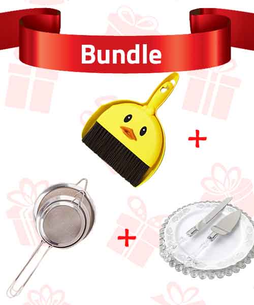 Bundle of 3 Pieces Duck Plastic Shovel Set With Brush Yellow And Stainless Steel Tea Strainer 3 Pieces  And Knife and sweets carrier set 2 Pieces  silver