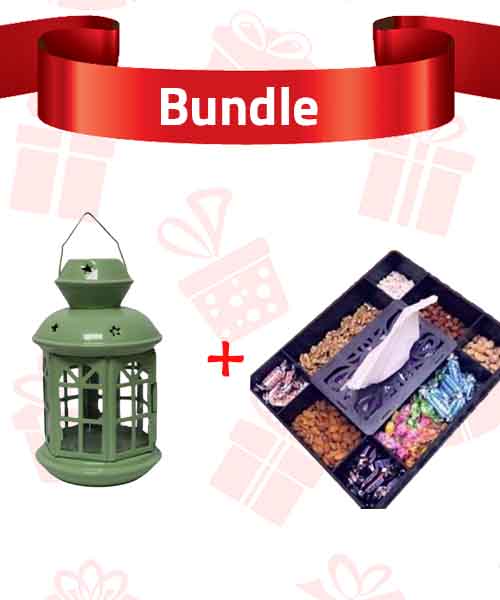 Bundle of 2 Pieces Metal Ramadan Lantern For Small Candles Multi Color And Wood snack plate with Tissus holder divided  8 places  Black