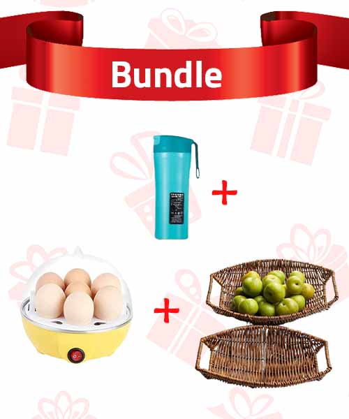 Bundle of 3 Pieces Oval Wicker Bread Dish Set 3 Pieces Brown And Egg Cooker Machine 7 Places 220 Volt  Multi Color And Mug with Vacuum Suction Bottom 500 Ml  Multicolor