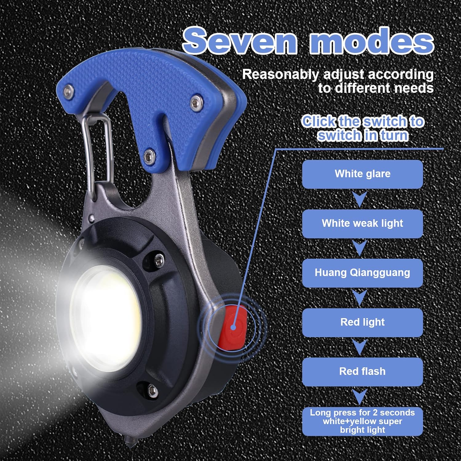 سلسلة مفاتيح متعددة الوظائف بإضاءة LED للطوارئ: حلقة مفاتيح صغيرة بـ7 أوضاع اضاءة، قاطع أمان ومطرقة أمان للطوارئ للتخييم وإصلاح الإضاءة في حالات الطوارئ [فئة الطاقة A+]