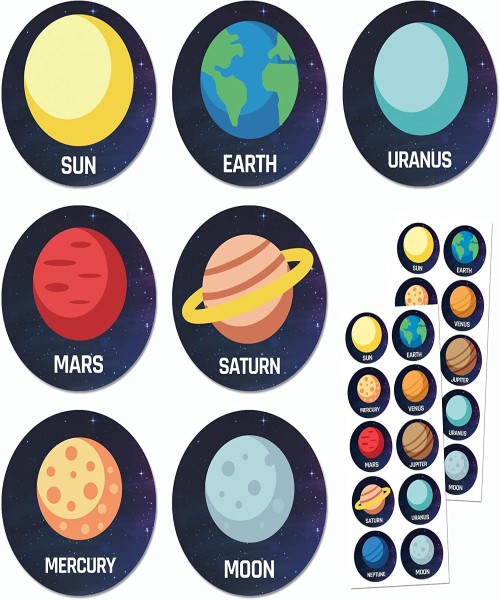 Round adhesive sticker printed with solar system design