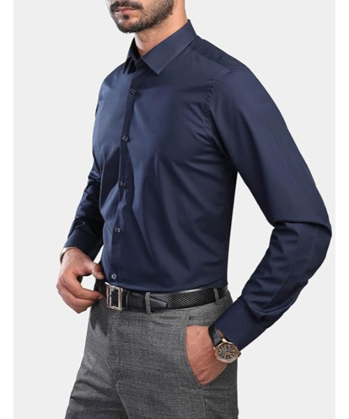 Solid Shirt Full Sleeve With Neck And Buttons For Men - Navy