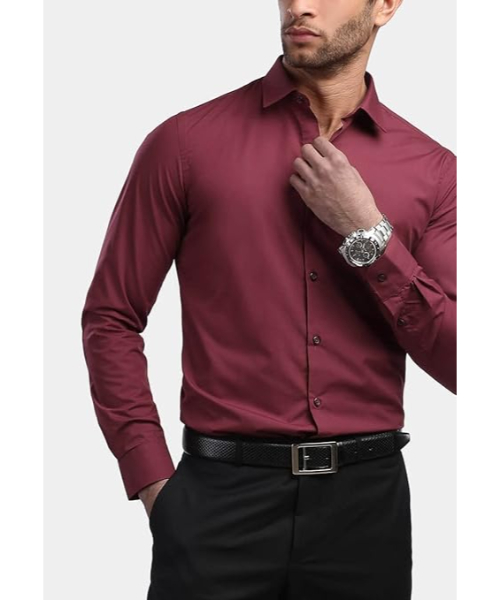 قميص كم طويل بياقة و أزرار ساده للرجال - احمر داكن