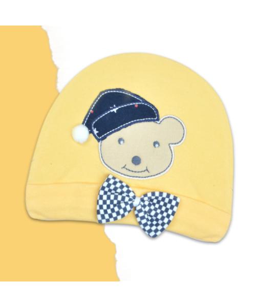 Cotton Hat with Bow Embroidered Bear For Kids - Yellow