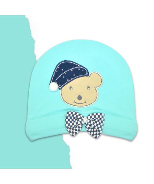 Cotton Hat with Bow Embroidered Bear For Kids - Light Green