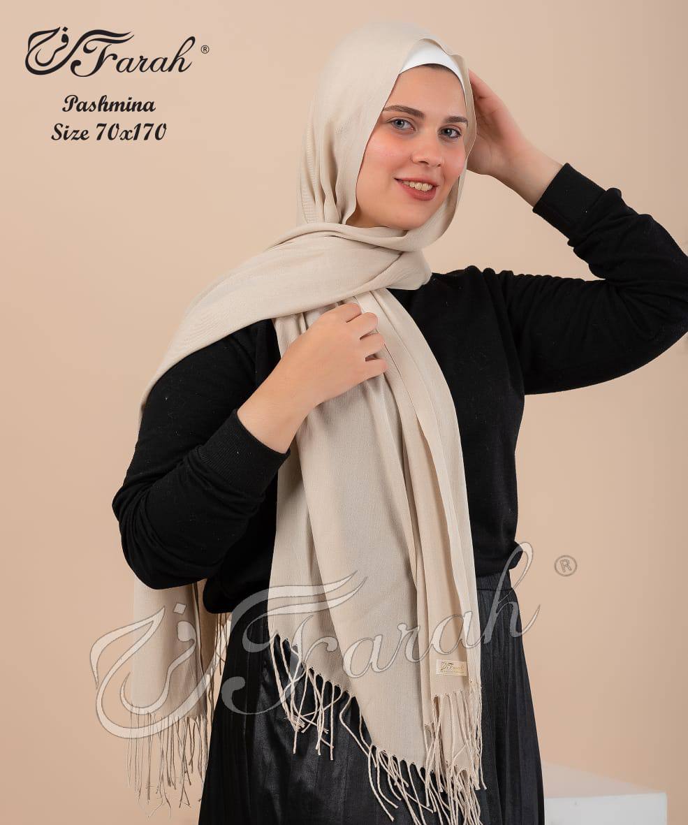 Elegant 170 cm Pashmina Scarf Hijab Shawl with Fringe - Timeless Style and Warmth - Beige