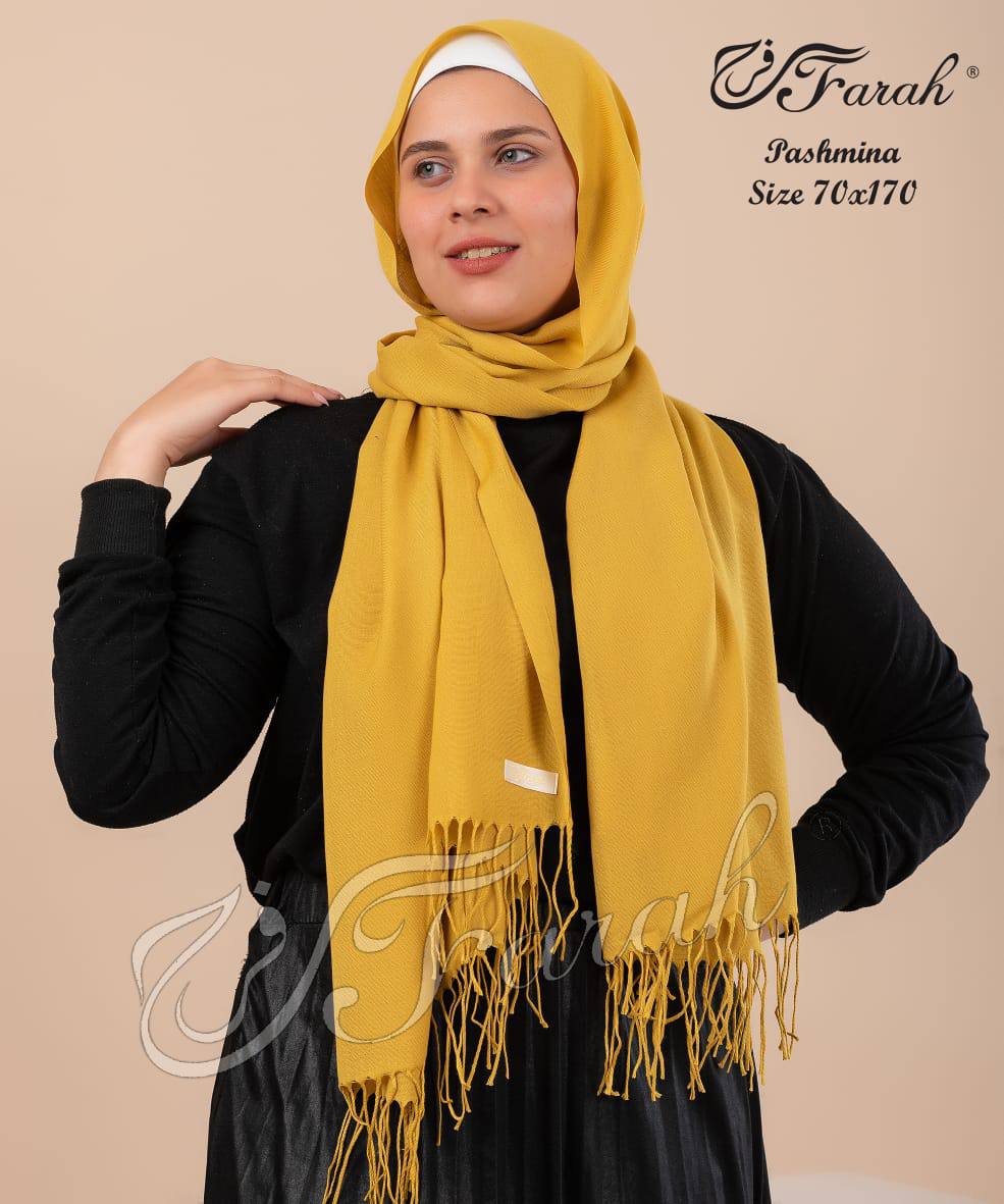 Elegant 170 cm Pashmina Scarf Hijab Shawl with Fringe - Timeless Style and Warmth - Mustard