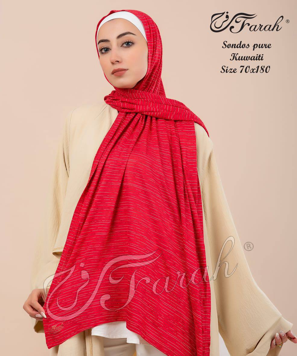 Sondos Kuwayti Style Striped Cotton Lycra Hijab Scarf - Chic and Comfortable Head Covering - Red