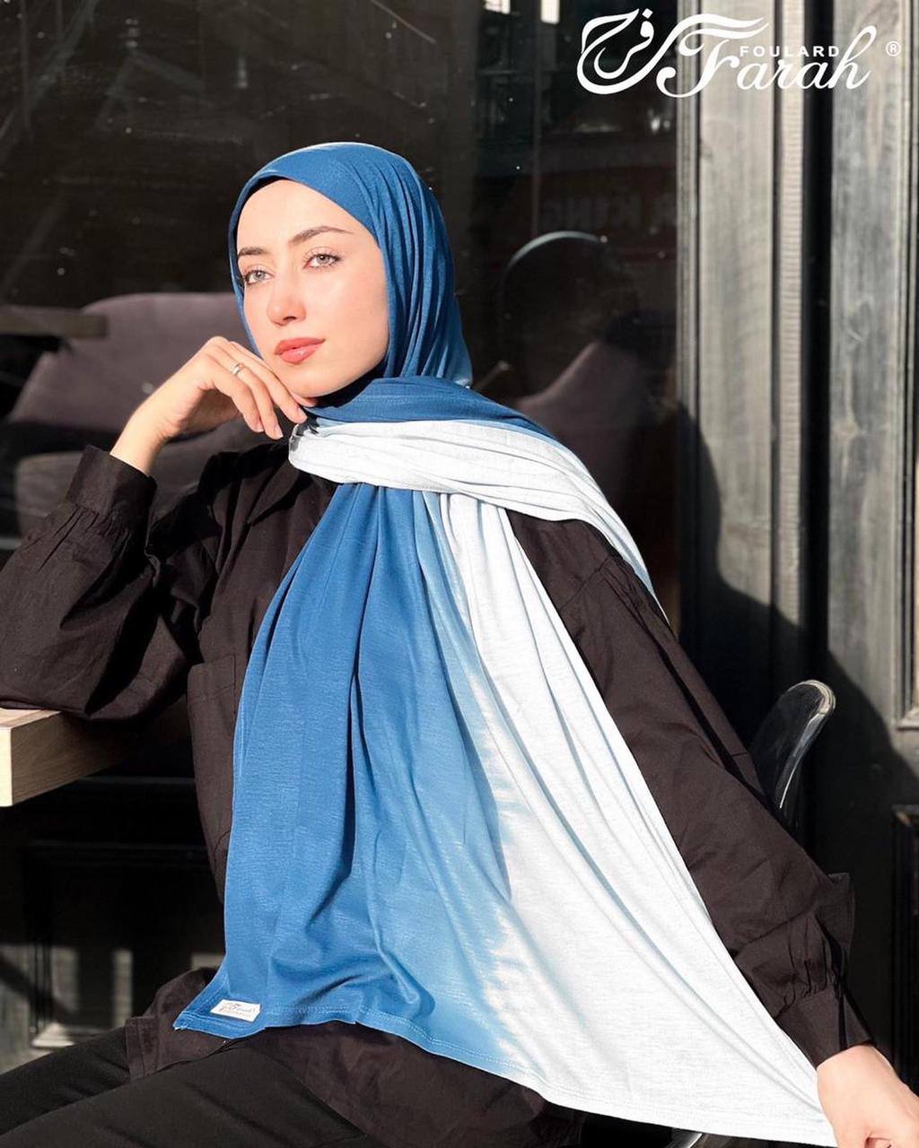 Elegant Two-Tone Gradient Cotton Lycra Hijab Scarf - 170cm - Fun Blue
