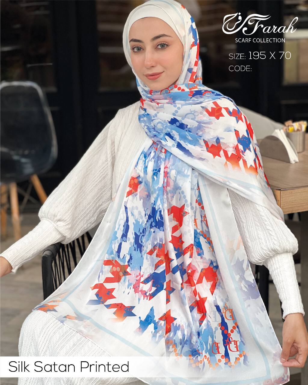 Chic Satin Silk Hijab Scarf - 195 x 70 cm - Stunning Printed Design - Style-7