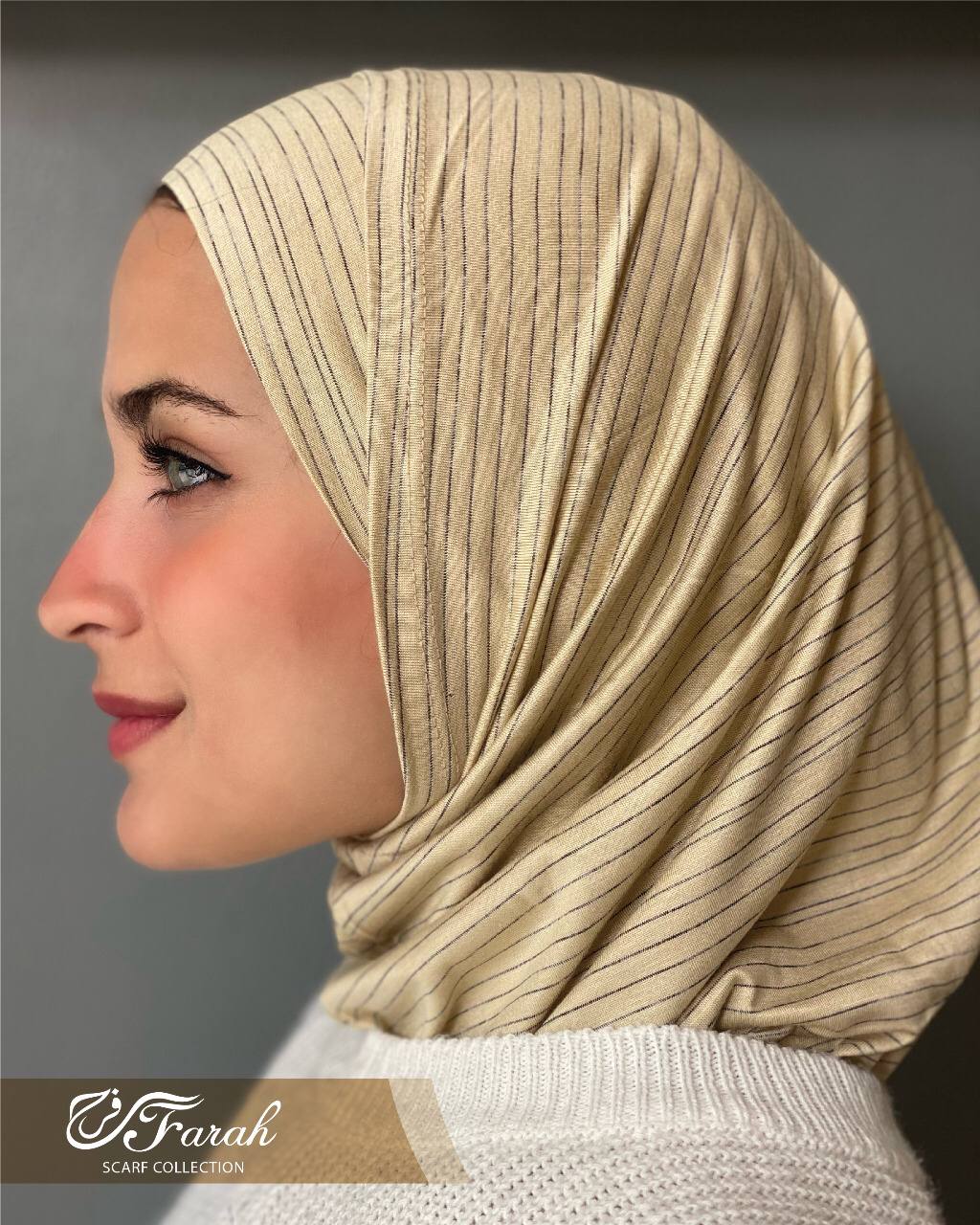 Sondos Lightweight Striped Cotton Lycra 2-Piece Hijab Set: Elegance and Comfort - Light Beige