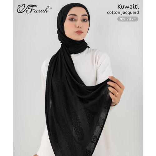 طرحة حجاب قطن كويتي جاكار بألوان سادة بحجم 170 × 70 سم - اسود