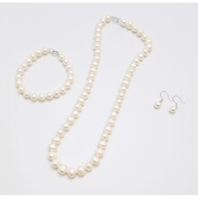 Pearl Necklace, Bracelet, And Earrings Set


