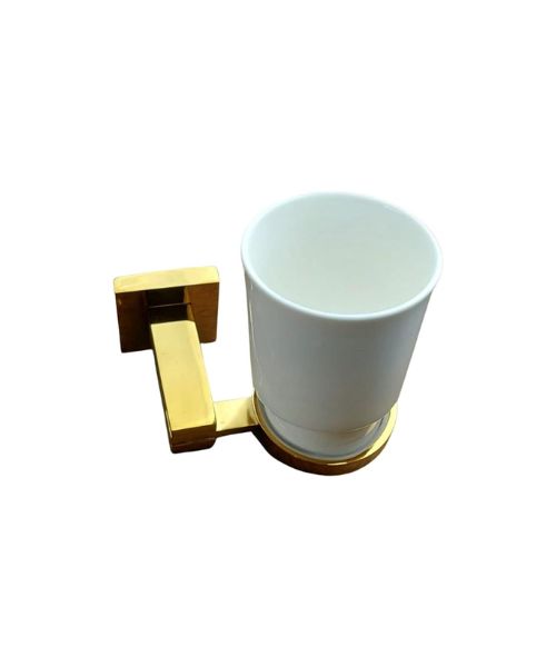 A golden bathroom organization set with a square design