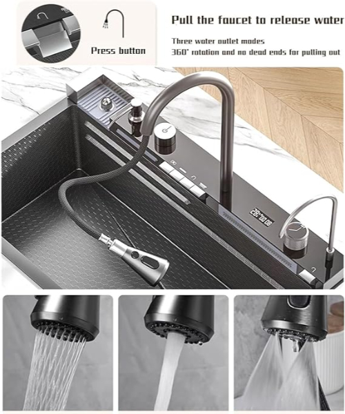 Smart Digital Display Kitchen Sink, 304 Stainless Steel Nano Kitchen Sink with Flying Rain, Pull Out Faucet, Compact Cup Washer
