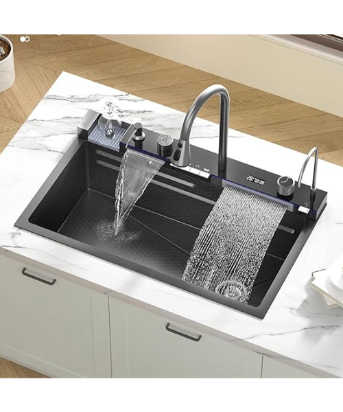 Smart Digital Display Kitchen Sink, 304 Stainless Steel Nano Kitchen Sink with Flying Rain, Pull Out Faucet, Compact Cup Washer