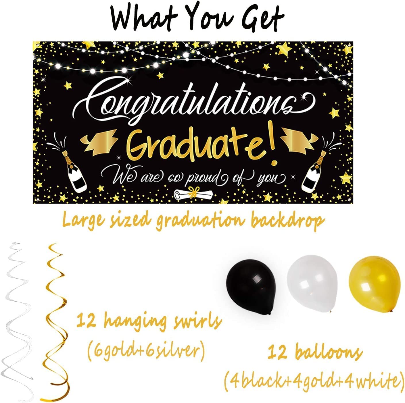 Graduation party poster and decorations, including balloons and a large background banner to congratulate the graduation