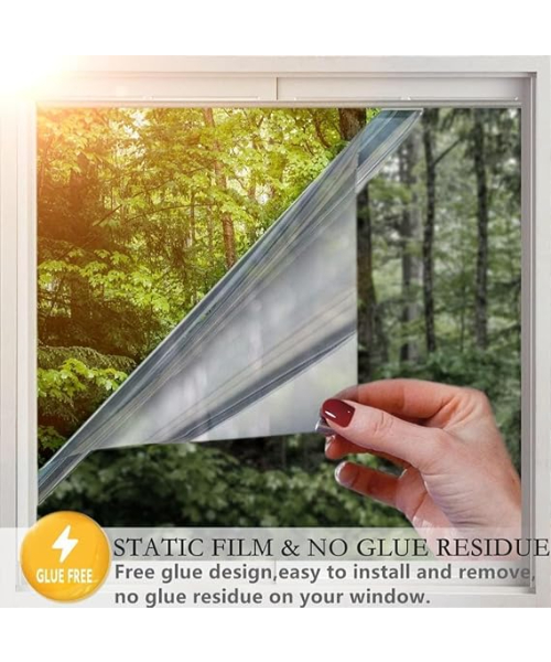 One Way Mirror Window Film, Non-Adhesive Daytime Privacy Window Film UV Blocking Heat Control, Perfect for Home Office Car Fame 50CM*300CM
