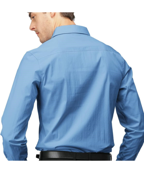 قميص كم طويل بياقة و أزرار ساده للرجال - ازرق
