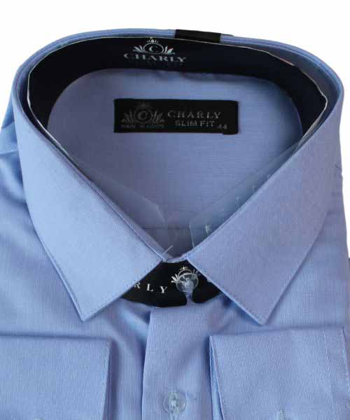 قميص كم طويل بياقة و أزرار ساده للرجال - ازرق