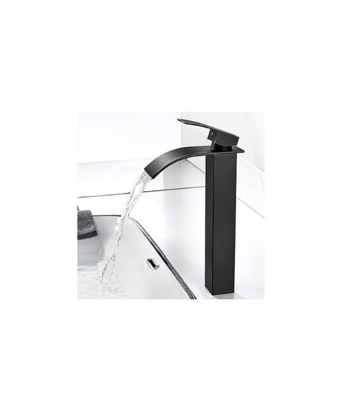 Black waterfall basin faucet, waterfall basin faucet, basin faucets with a distinctive geometric design
