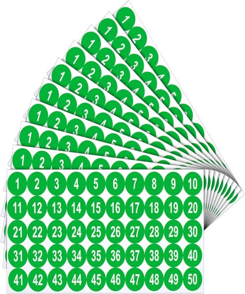 Round stickers with numbers from 1 to 50, green
