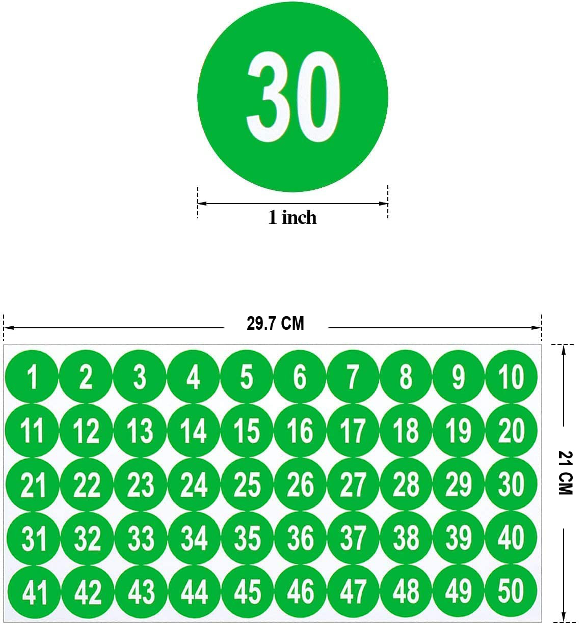 Round stickers with numbers from 1 to 50, green