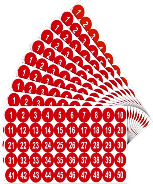 Round stickers with numbers from 1 to 50, in red color