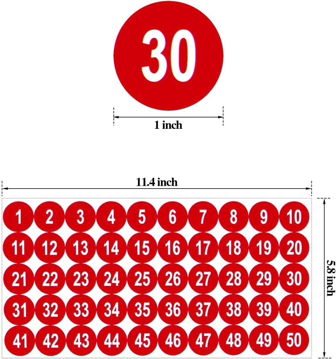 Round stickers with numbers from 1 to 50, in red color
