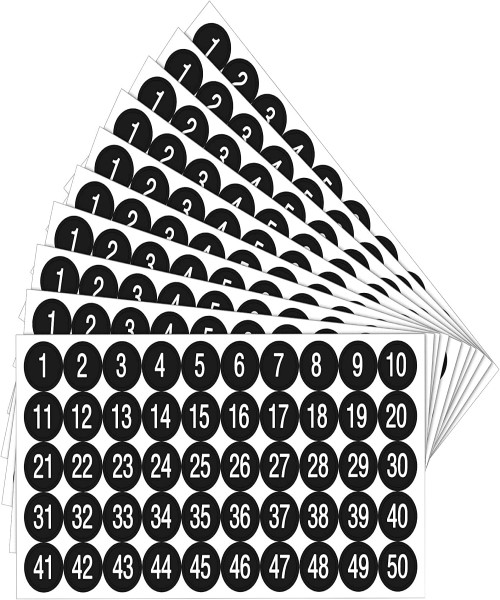 Round stickers with numbers from 1 to 50,in black color