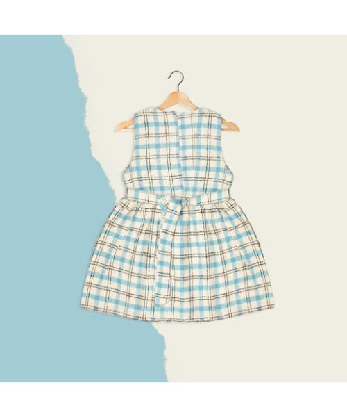 Checked Wool Dress casual For Girls 2 Pieces- Cyan