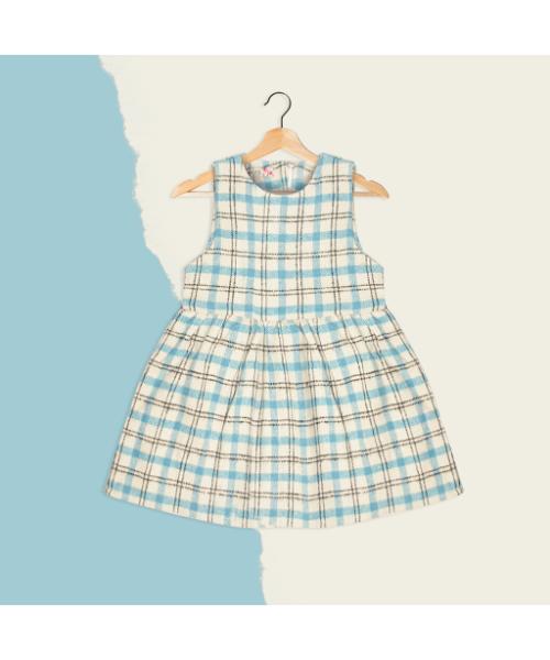 Checked Wool Dress casual For Girls 2 Pieces- Cyan
