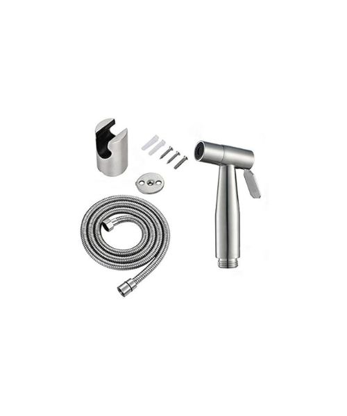 Sanitary Stainless Steel Faucet Set for Toilet and Bathroom with Highly Flexible Hose  with Polished Finish - Silver
