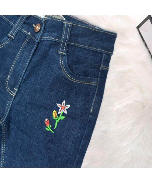 Straight Embroidered jeans Pants For Girls - Navy