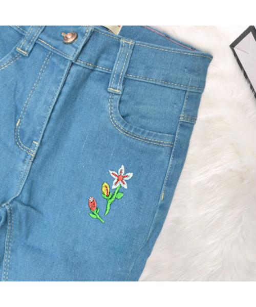 Straight Embroidered jeans Pants For Girls - Light Blue