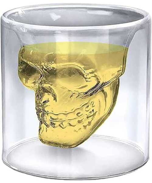 Double wall glass crystal coffee mug with skull pattern inside - Clear