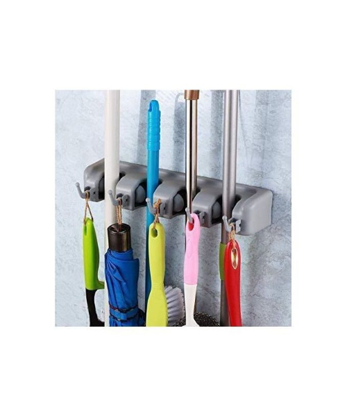 Broom organizer and holder with 5 hooks - gray