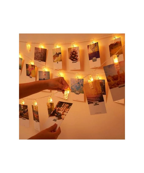 LED strip photo holder with light clips, 15 clips - yellow