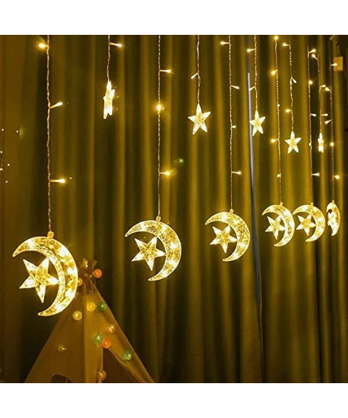Home decorative curtain in the shape of a moon and stars, with LED lighting, for Eid and Ramadan decorations, 3.5 meters - yellow