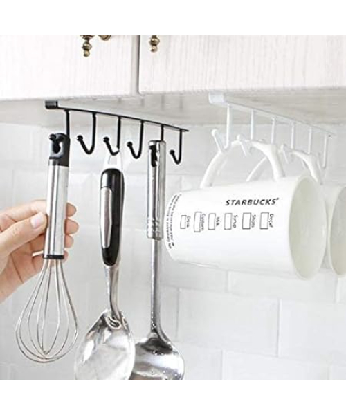 Yohome Cup Holder for Hanging Under Cabinets without Screws with Hooks for Holding Cups Kitchen Utensils Tie Belts and Scarves 2 Pieces-  White
