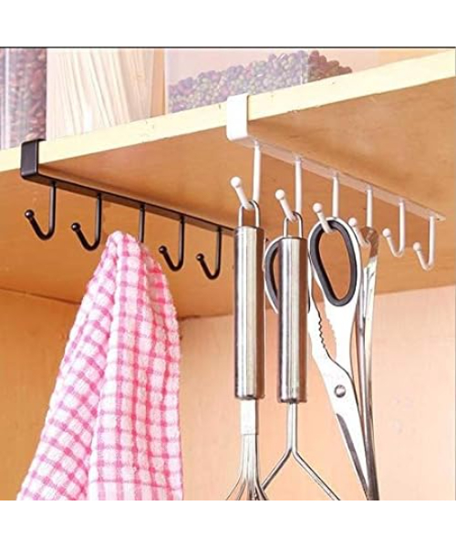 Yohome Cup Holder for Hanging Under Cabinets without Screws with Hooks for Holding Cups Kitchen Utensils Tie Belts and Scarves 2 Pieces-  White