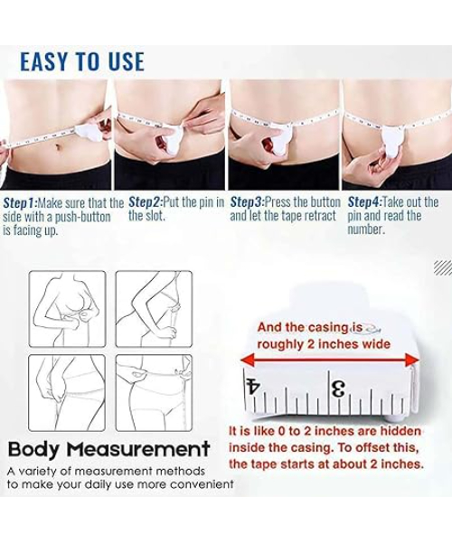 Comfortable Self-tightening Body Measuring Tape Lock Pin and Push Button Portable Design Dual Rulers for Arms, Thighs and Waist - White