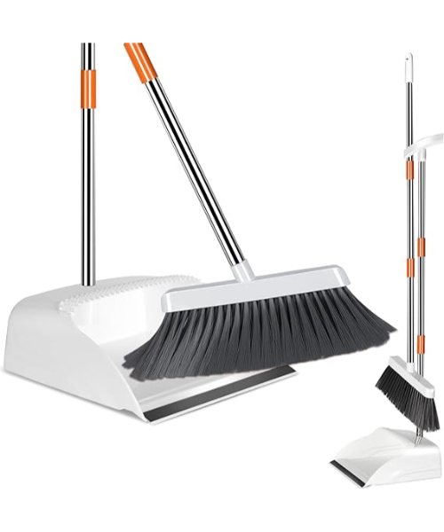 Self-cleaning upright mop and dustpan set with 3 layers of bristles - white