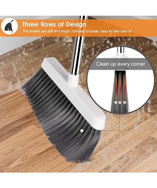 Self-cleaning upright mop and dustpan set with 3 layers of bristles - white